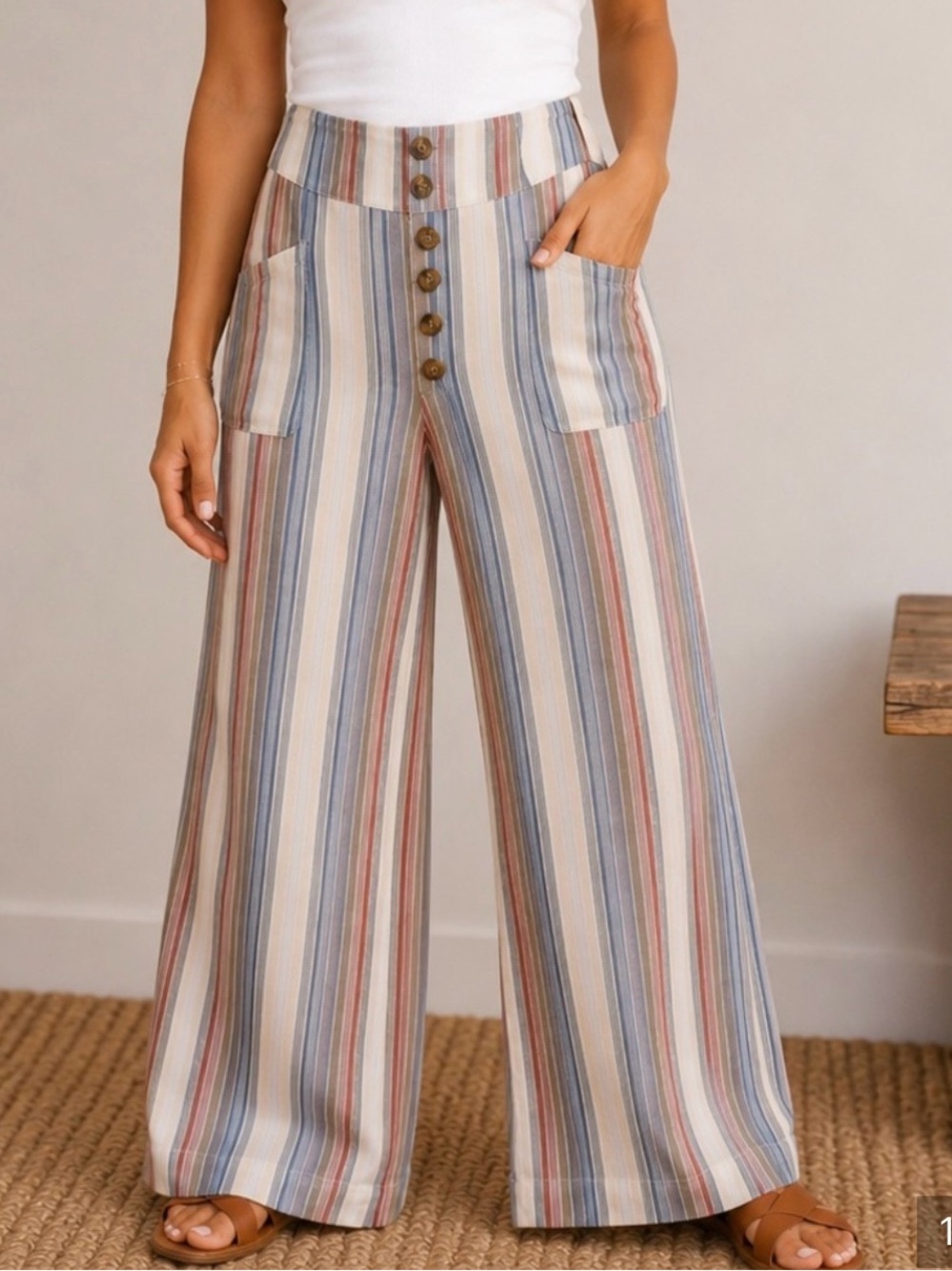 American Eagle Striped High Rise Button Front Wide Leg Pants- Size L